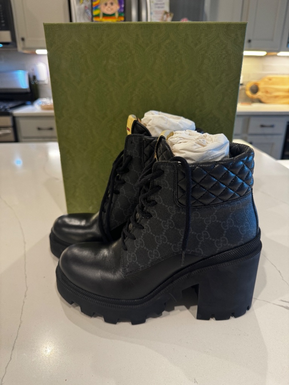 Gucci GG Canvas Leather Lug Sole Platform Ankle Boots 40.5